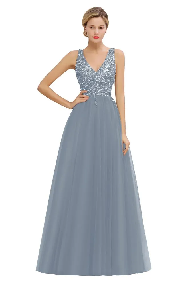 Sparkly Sequins V-Neck Aline Evening Maxi Dress Tulle Prom Dress