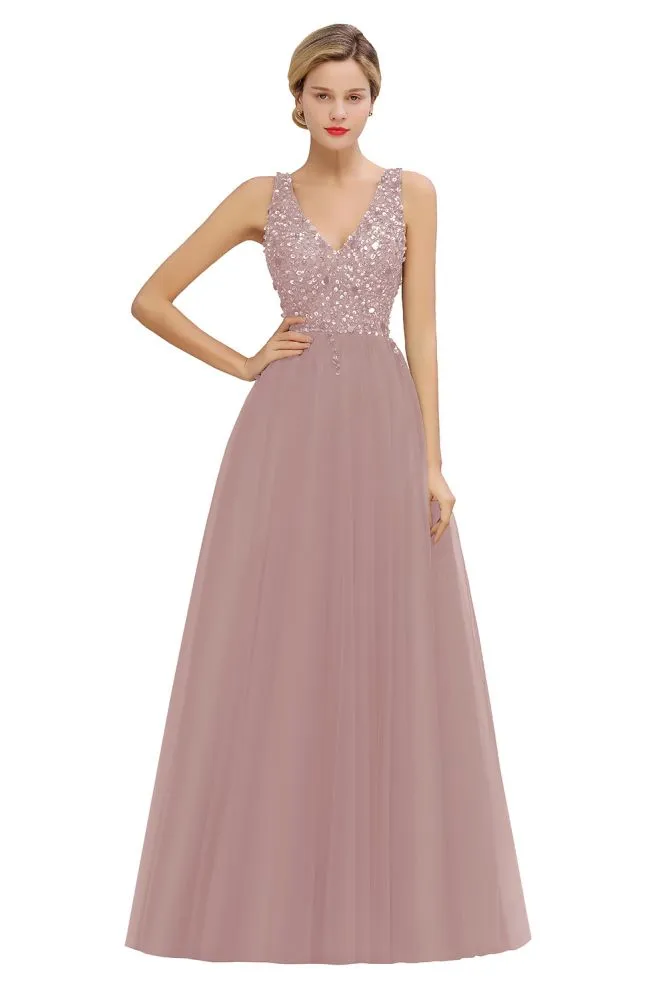 Sparkly Sequins V-Neck Aline Evening Maxi Dress Tulle Prom Dress