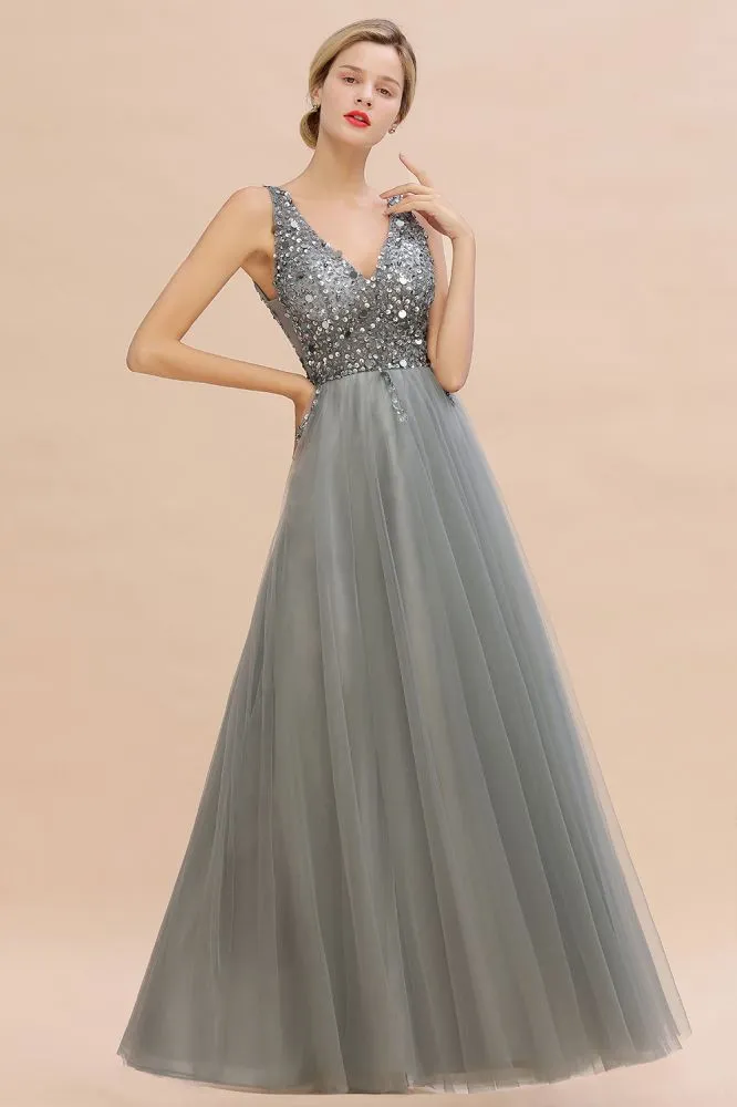 Sparkly Sequins V-Neck Aline Evening Maxi Dress Tulle Prom Dress