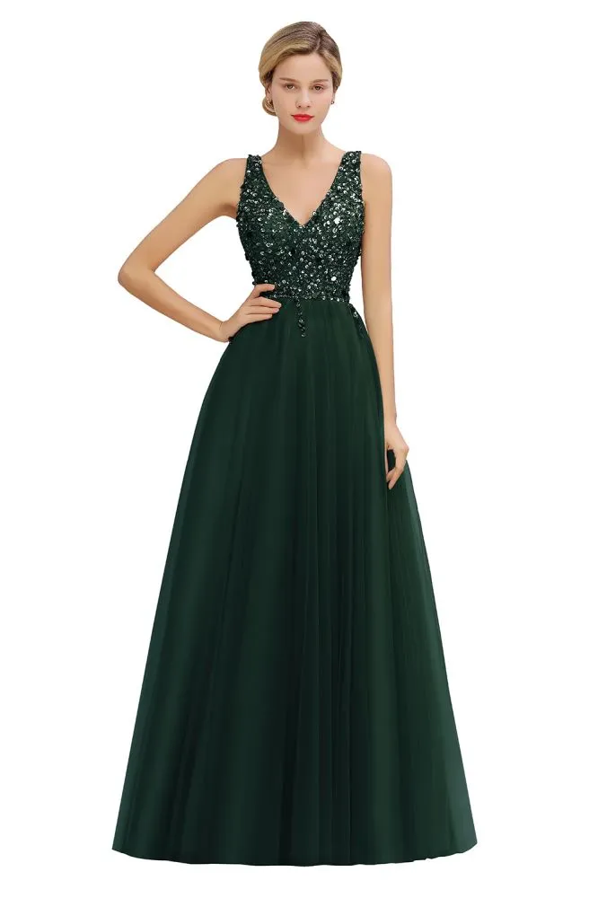 Sparkly Sequins V-Neck Aline Evening Maxi Dress Tulle Prom Dress