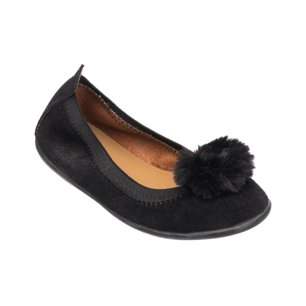 Suede Pom Pom Ballerina Black