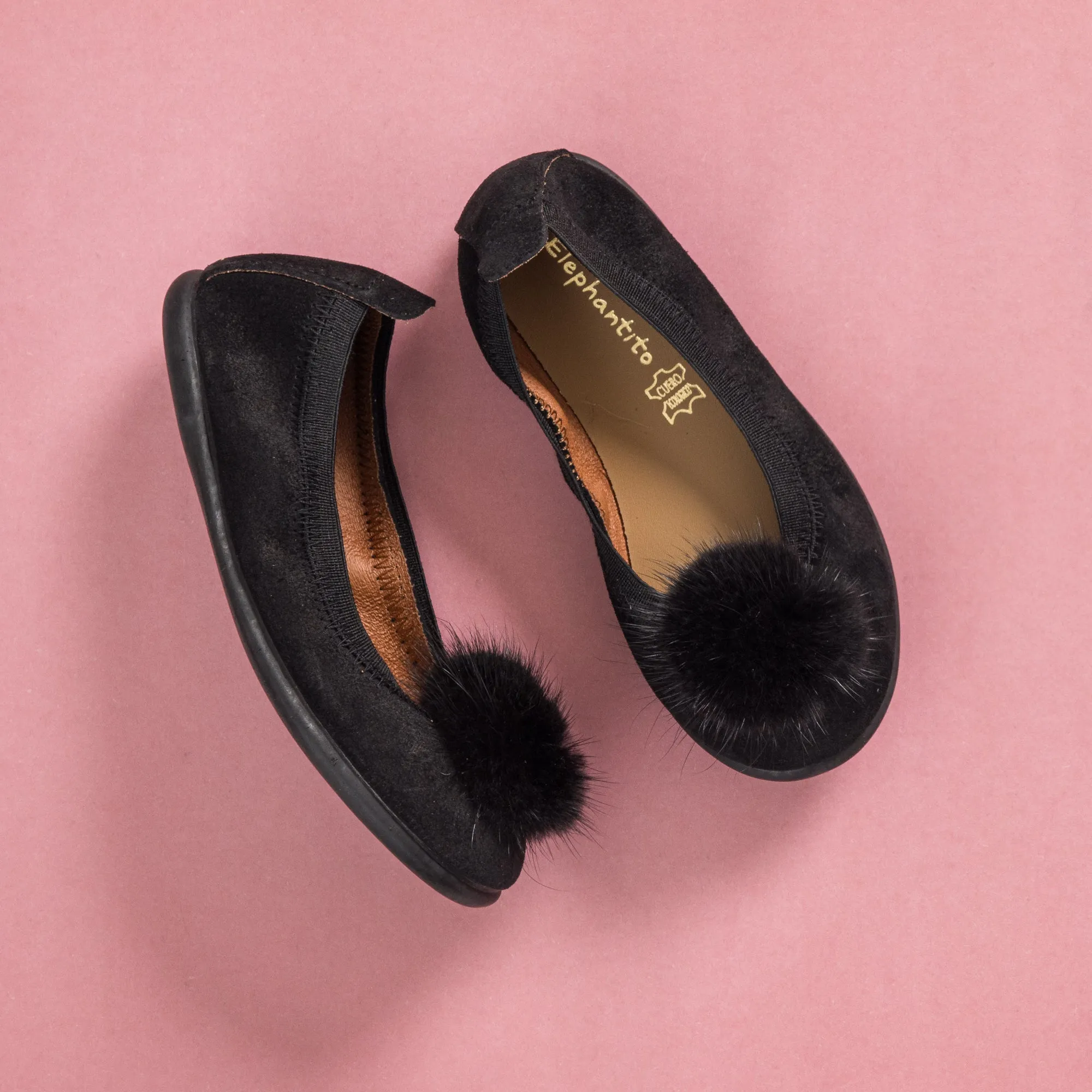 Suede Pom Pom Ballerina Black