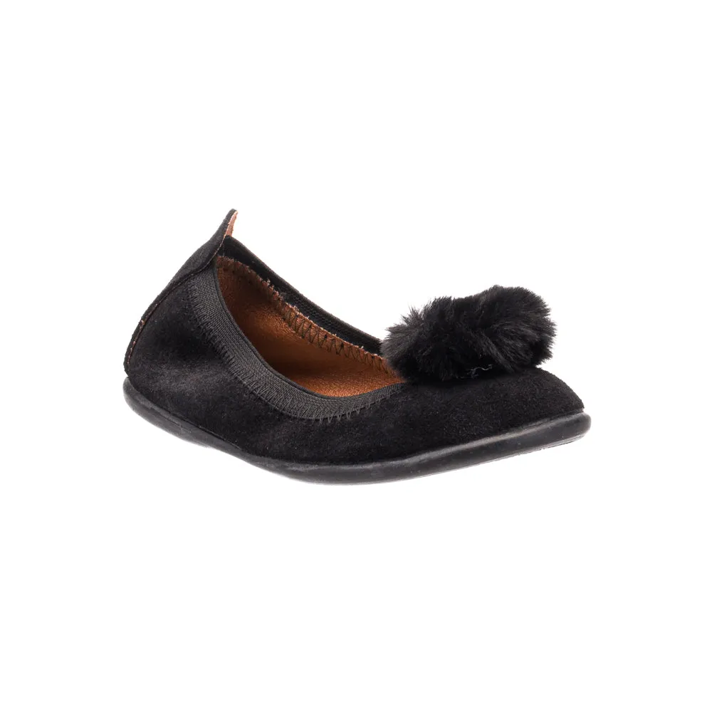 Suede Pom Pom Ballerina Black