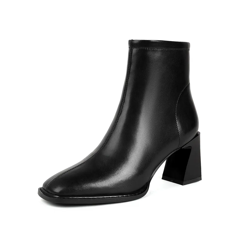 TinaCus Women's Genuine Leather Handmade Chunky Heel Square Toe Side zip Up Ankle Dress Booties