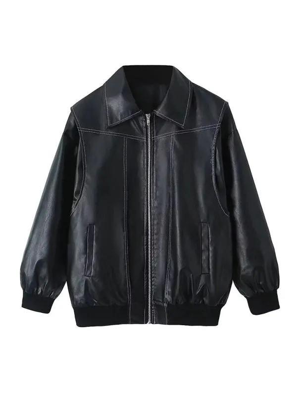 Trendy Faux Leather Moto Bomber Jacket for Women