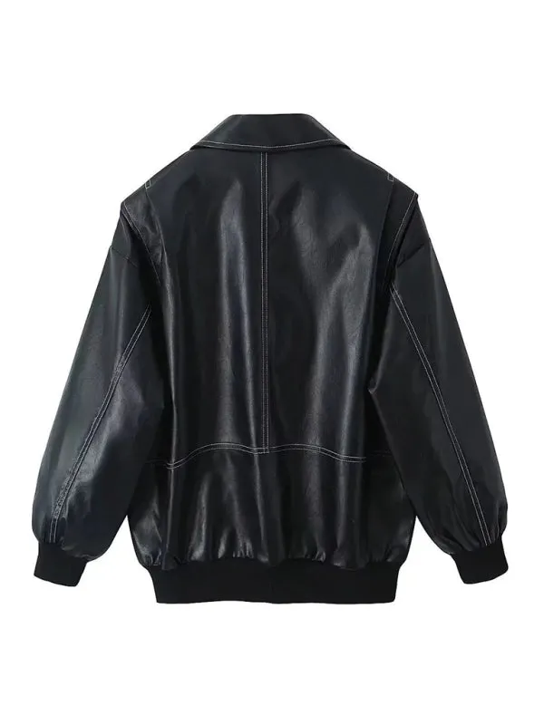 Trendy Faux Leather Moto Bomber Jacket for Women