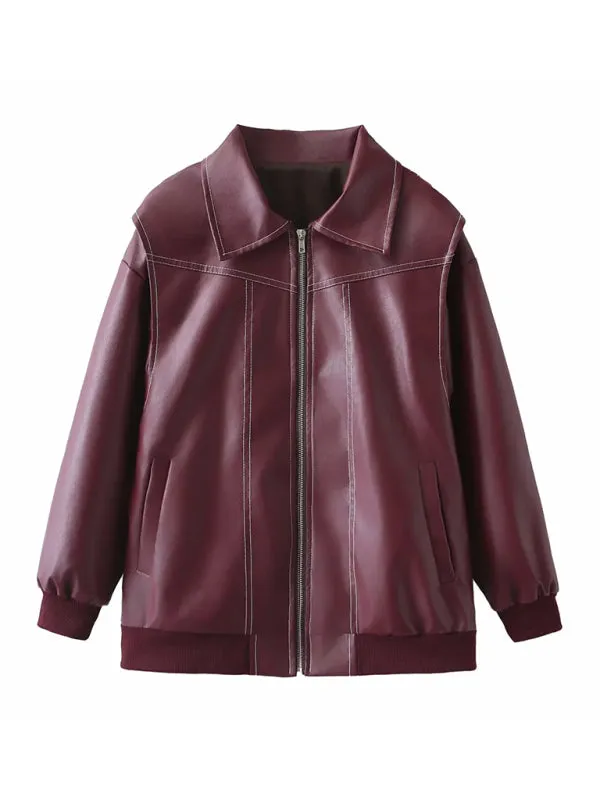 Trendy Faux Leather Moto Bomber Jacket for Women