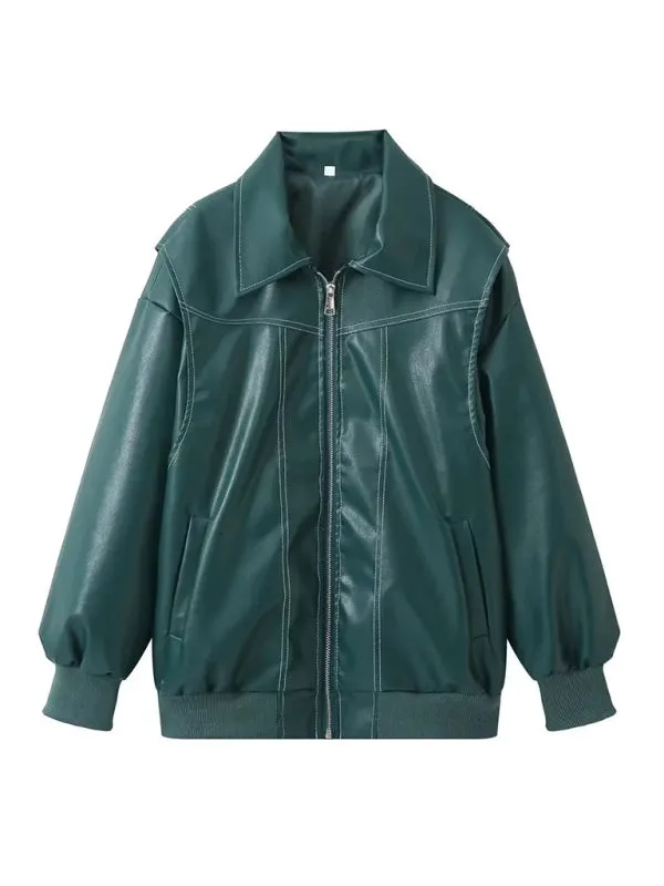 Trendy Faux Leather Moto Bomber Jacket for Women