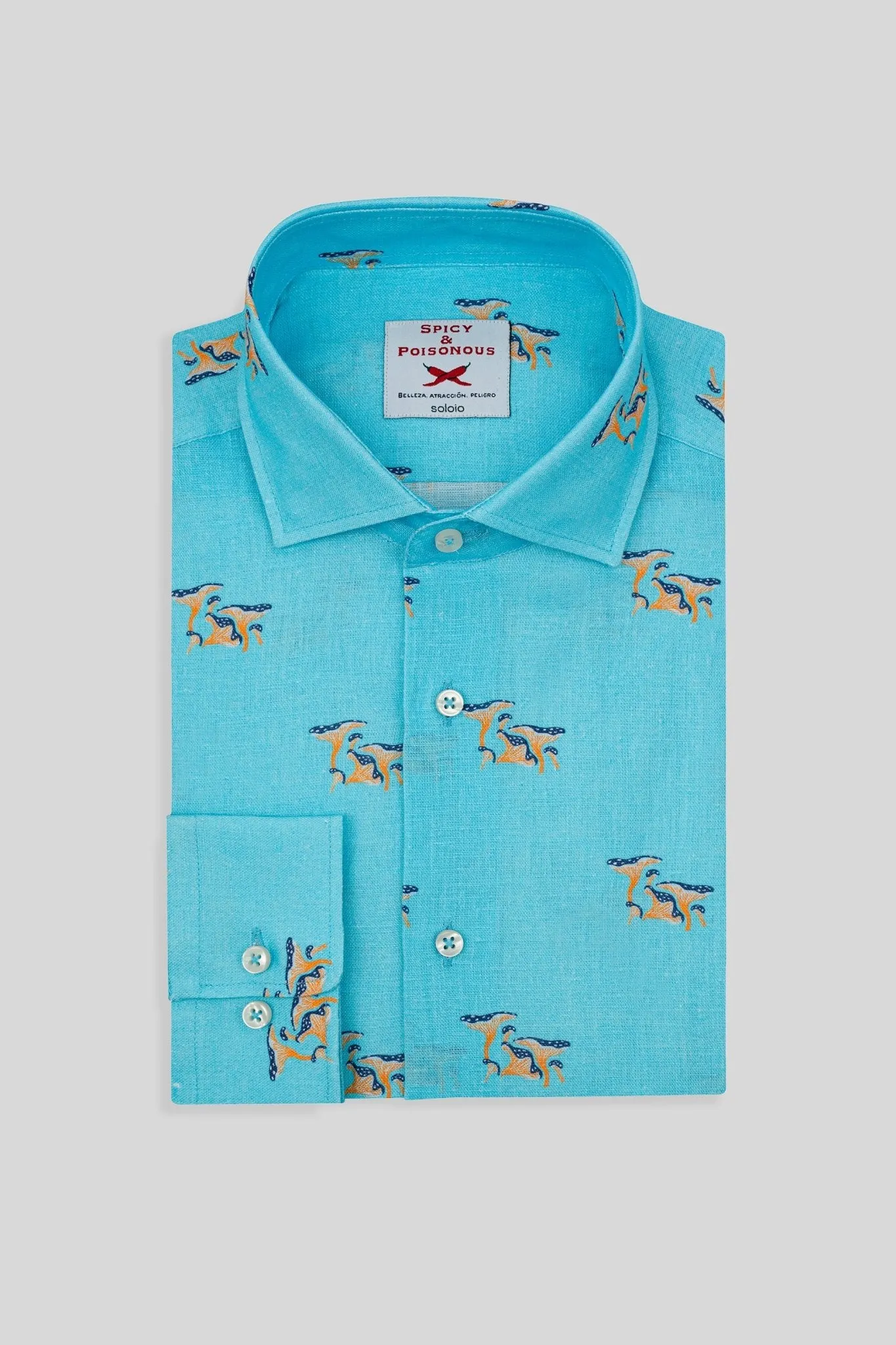 turquoise linen mushroom shirt