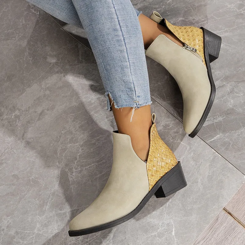 V-cut Side Zipper Printed Square Heel Ankle Boots