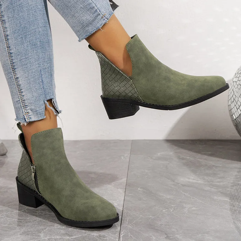 V-cut Side Zipper Printed Square Heel Ankle Boots