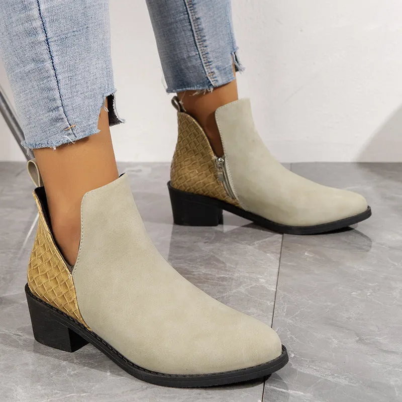 V-cut Side Zipper Printed Square Heel Ankle Boots