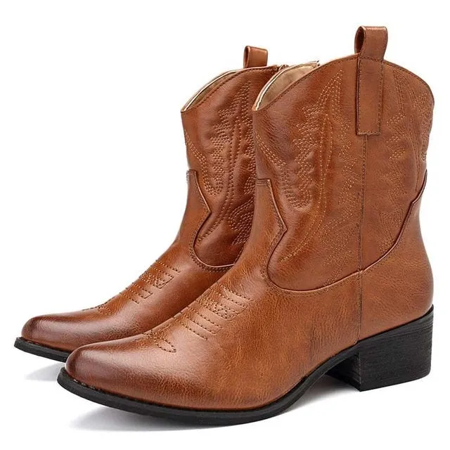 Western Cowgirl Women's Square Heel Ankle Boots With Zipper - Camel,Black