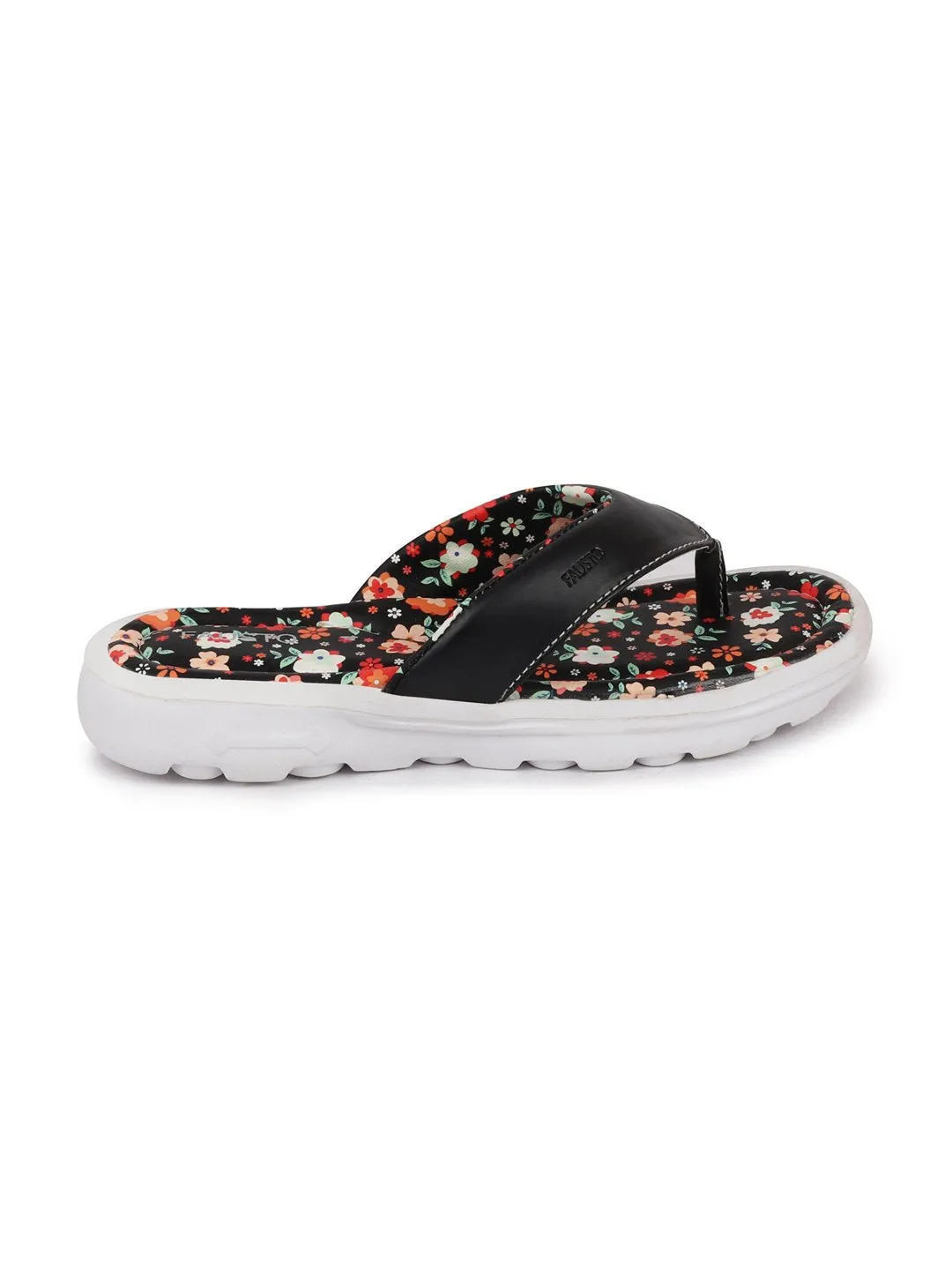 Women Black Floral Slippers & Flip Flops