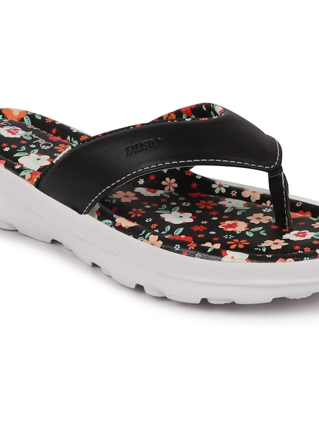 Women Black Floral Slippers & Flip Flops