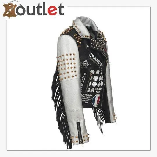 Women Punk Biker Jacket Letter Print Graffiti Rivet Fringe Coat