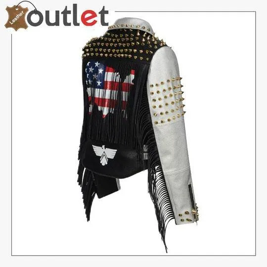 Women Punk Biker Jacket Letter Print Graffiti Rivet Fringe Coat