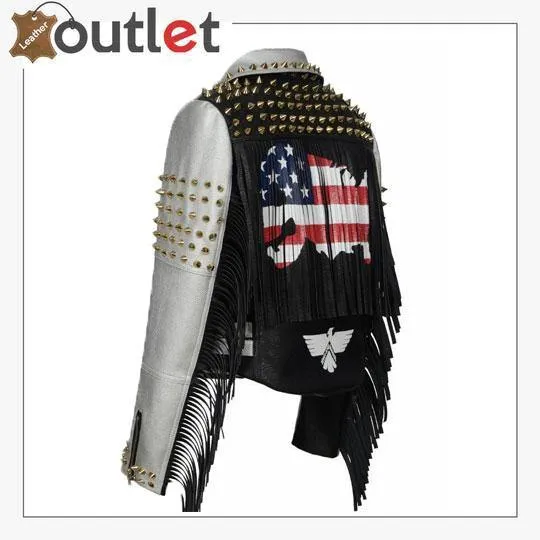 Women Punk Biker Jacket Letter Print Graffiti Rivet Fringe Coat