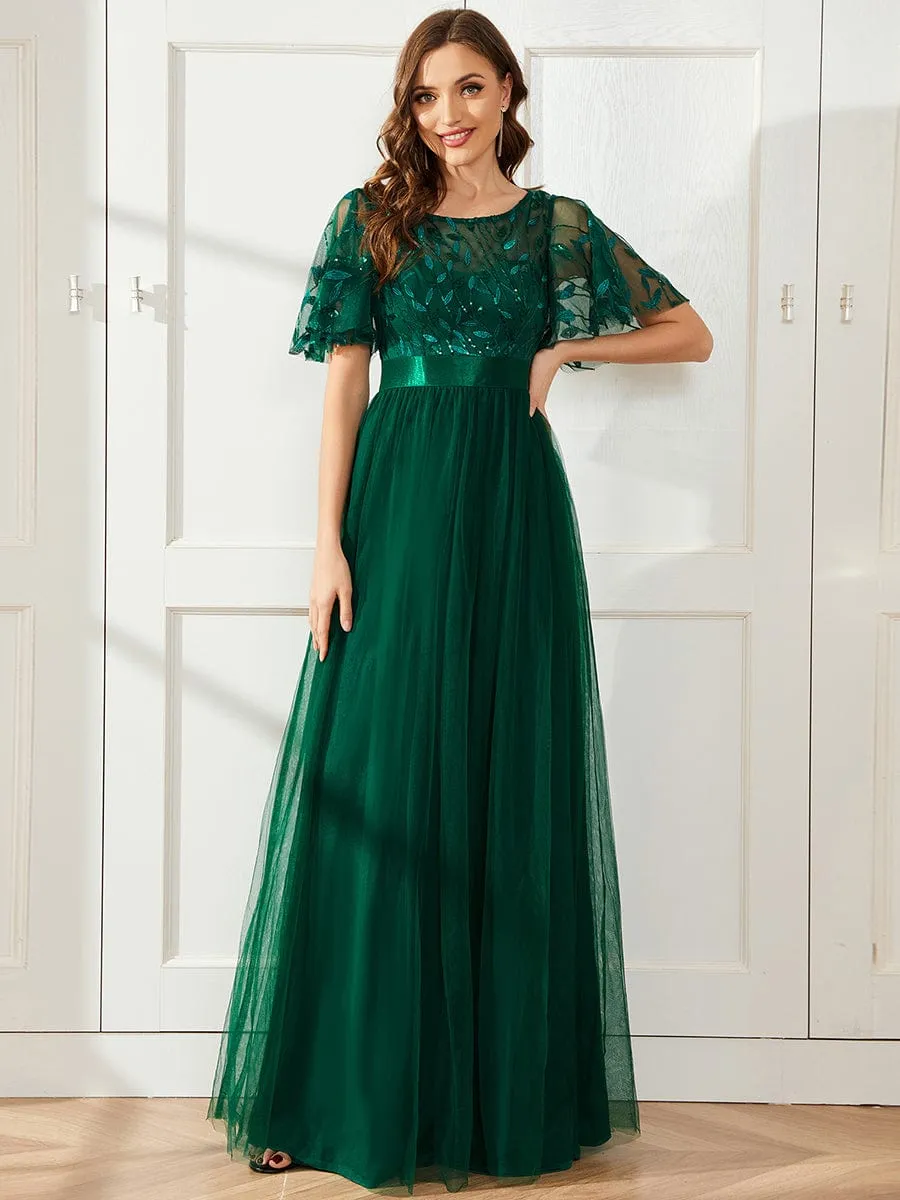 Women's A-Line Short Sleeve Embroidery Floor Length Evening Dresses