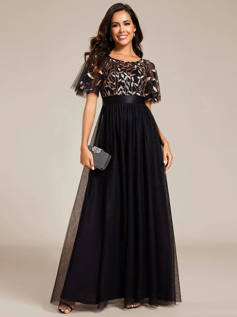 Women's A-Line Short Sleeve Embroidery Floor Length Evening Dresses