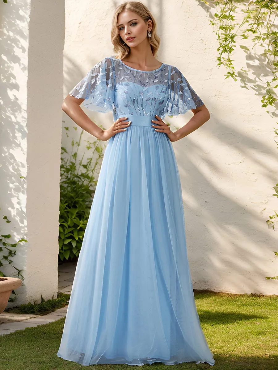 Women's A-Line Short Sleeve Embroidery Floor Length Evening Dresses