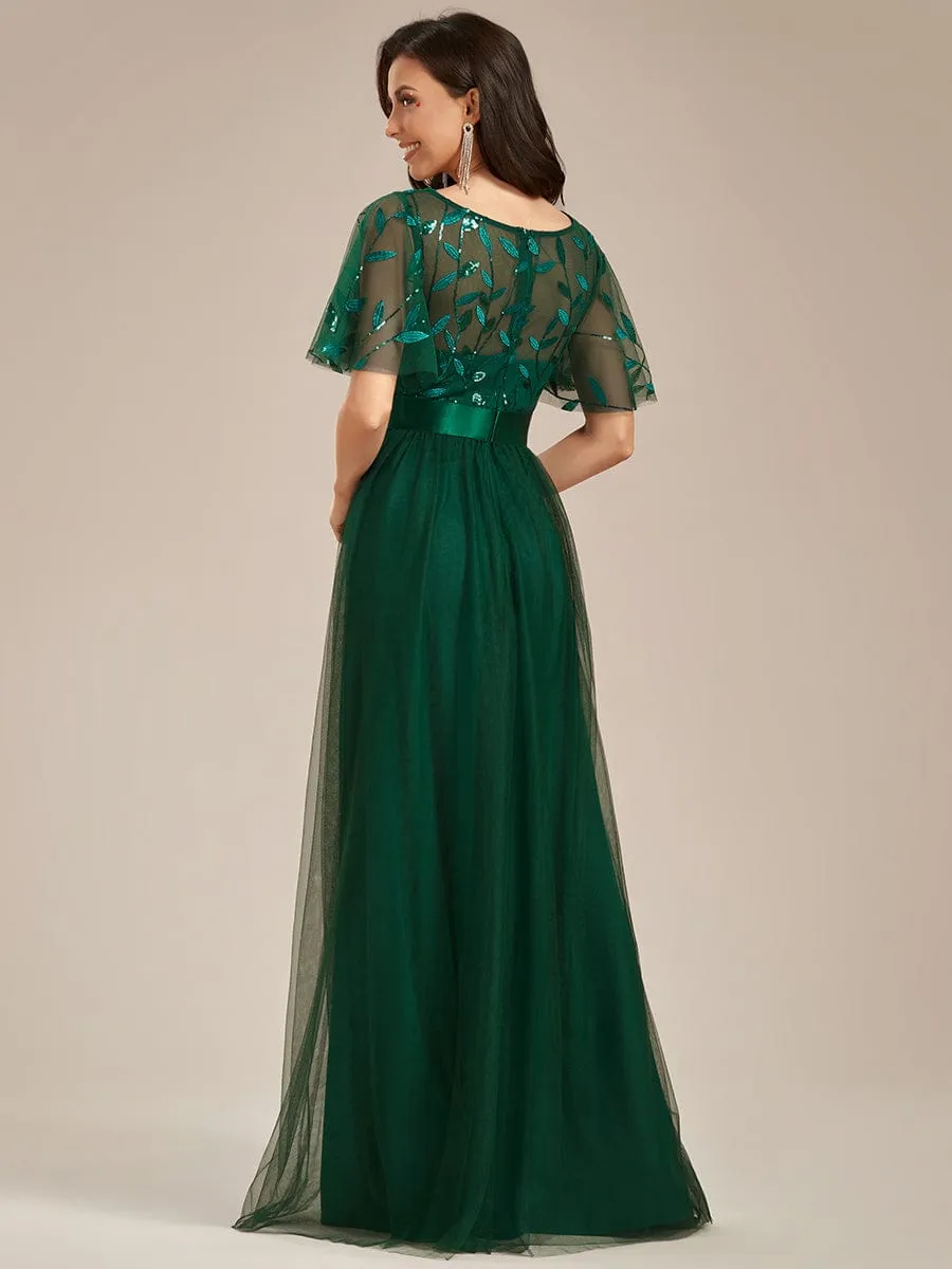 Women's A-Line Short Sleeve Embroidery Floor Length Evening Dresses