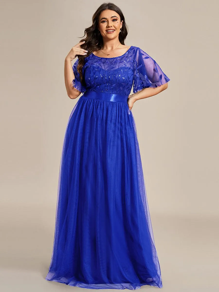 Women's A-Line Short Sleeve Embroidery Floor Length Evening Dresses