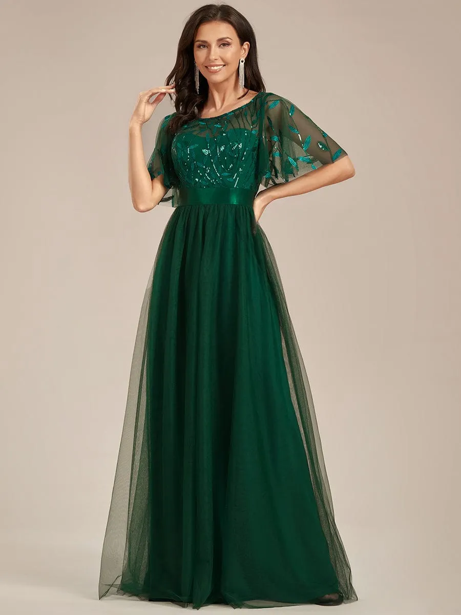 Women's A-Line Short Sleeve Embroidery Floor Length Evening Dresses