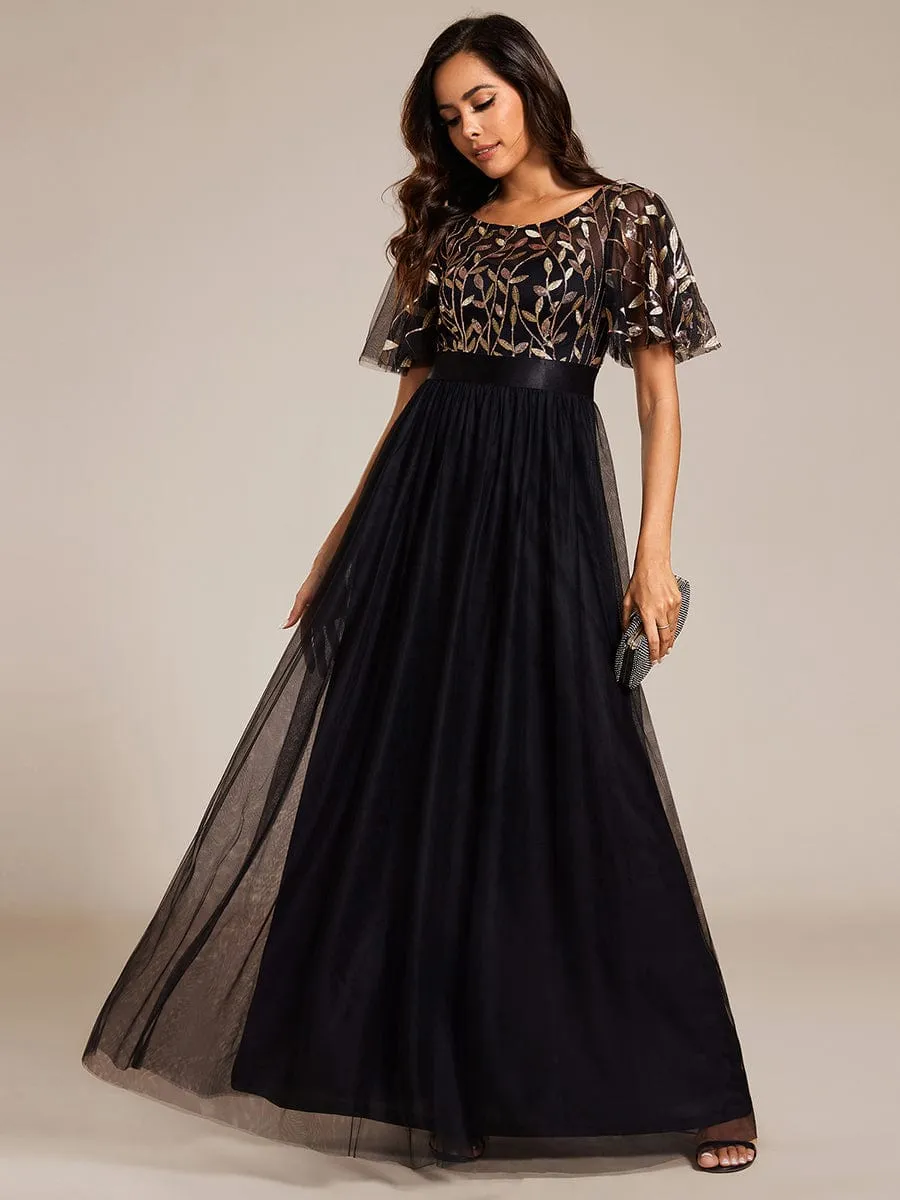 Women's A-Line Short Sleeve Embroidery Floor Length Evening Dresses