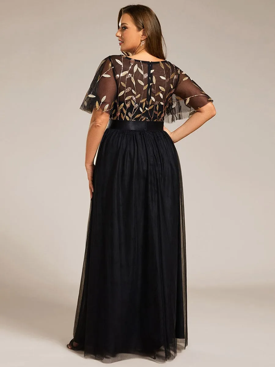 Women's A-Line Short Sleeve Embroidery Floor Length Evening Dresses