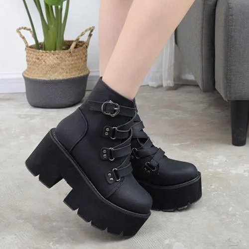 Women's black thick platform punk boots buckle strap chunky gothic ankle boots