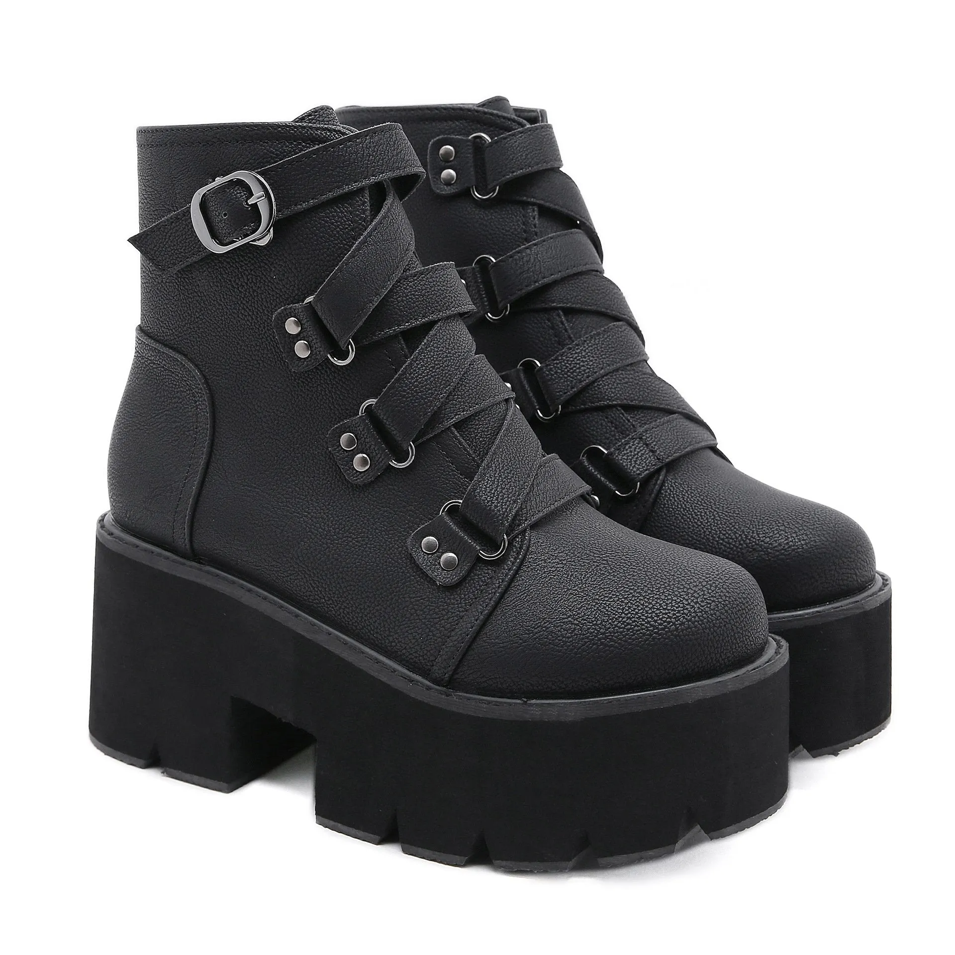 Women's black thick platform punk boots buckle strap chunky gothic ankle boots