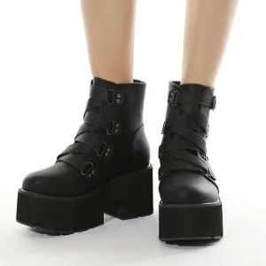 Women's black thick platform punk boots buckle strap chunky gothic ankle boots