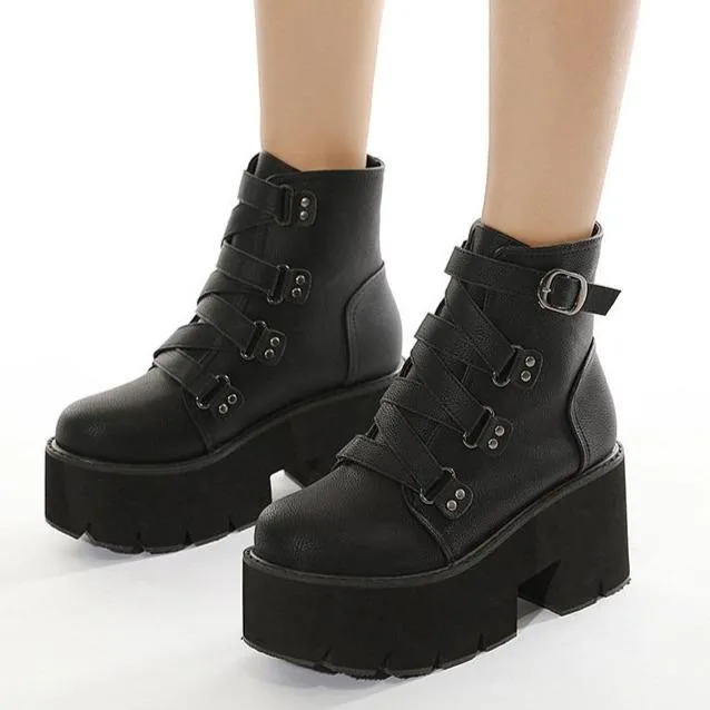 Women's black thick platform punk boots buckle strap chunky gothic ankle boots