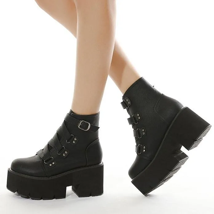 Women's black thick platform punk boots buckle strap chunky gothic ankle boots