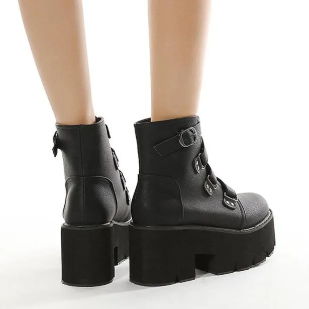 Women's black thick platform punk boots buckle strap chunky gothic ankle boots