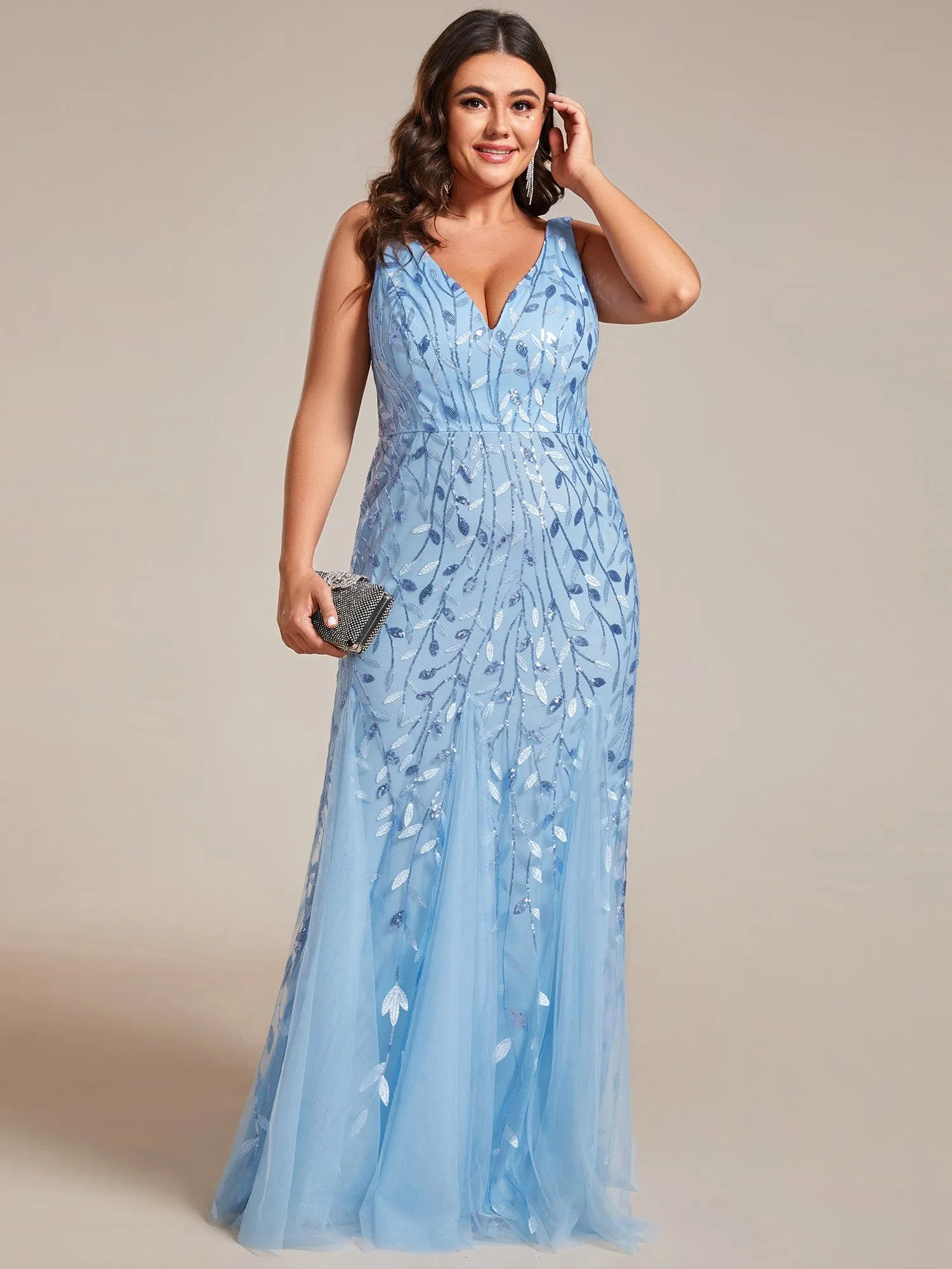 Women's Double V-Neck Fishtail Sequins Evening Dress