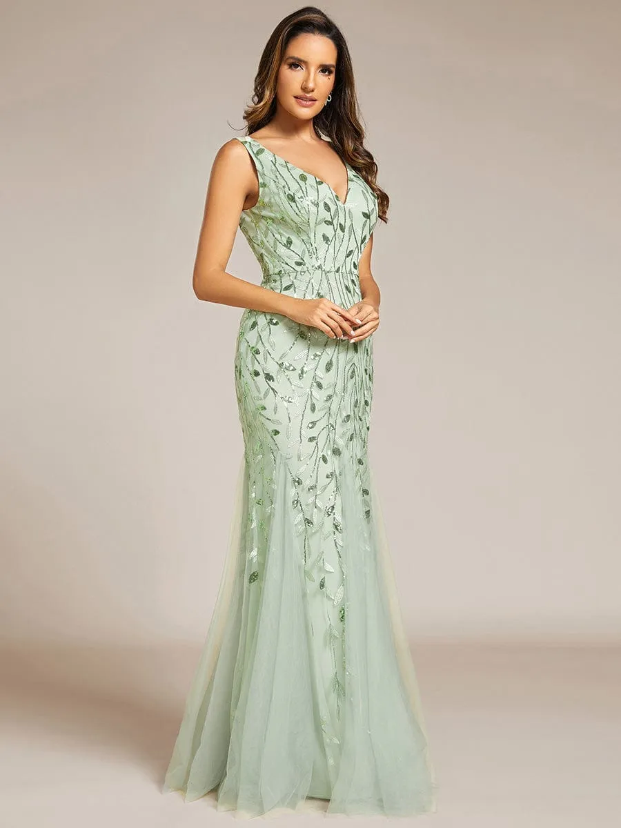 Women's Double V-Neck Fishtail Sequins Evening Dress