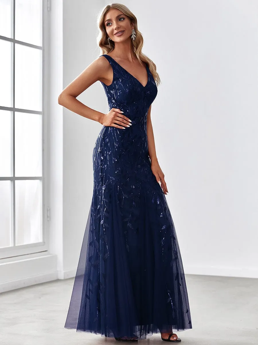 Women's Double V-Neck Fishtail Sequins Evening Dress