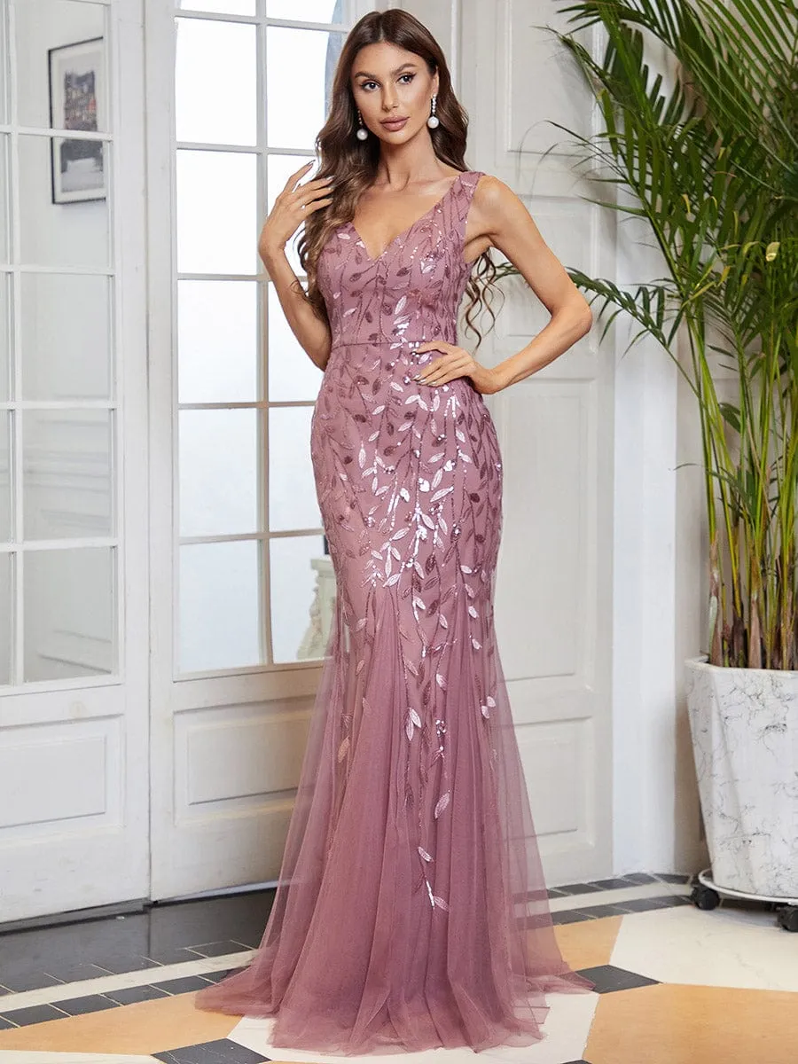 Women's Double V-Neck Fishtail Sequins Evening Dress