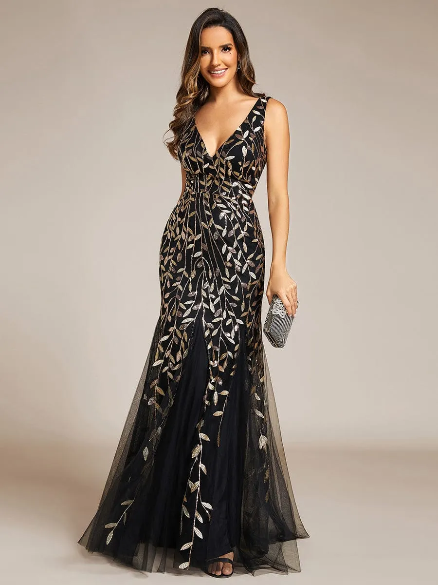 Women's Double V-Neck Fishtail Sequins Evening Dress