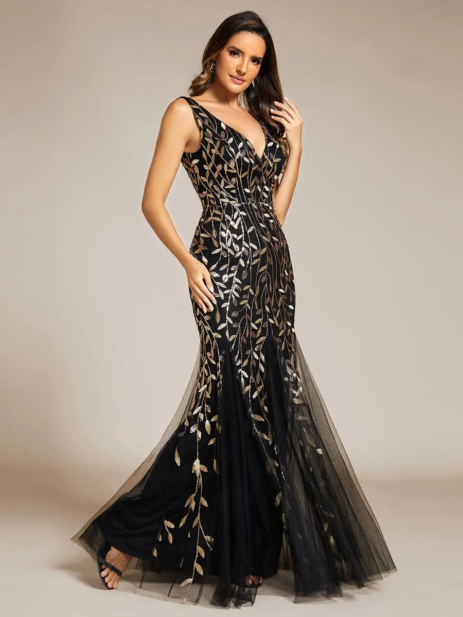 Women's Double V-Neck Fishtail Sequins Evening Dress