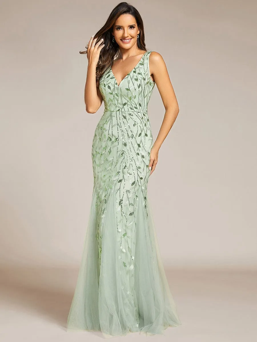 Women's Double V-Neck Fishtail Sequins Evening Dress