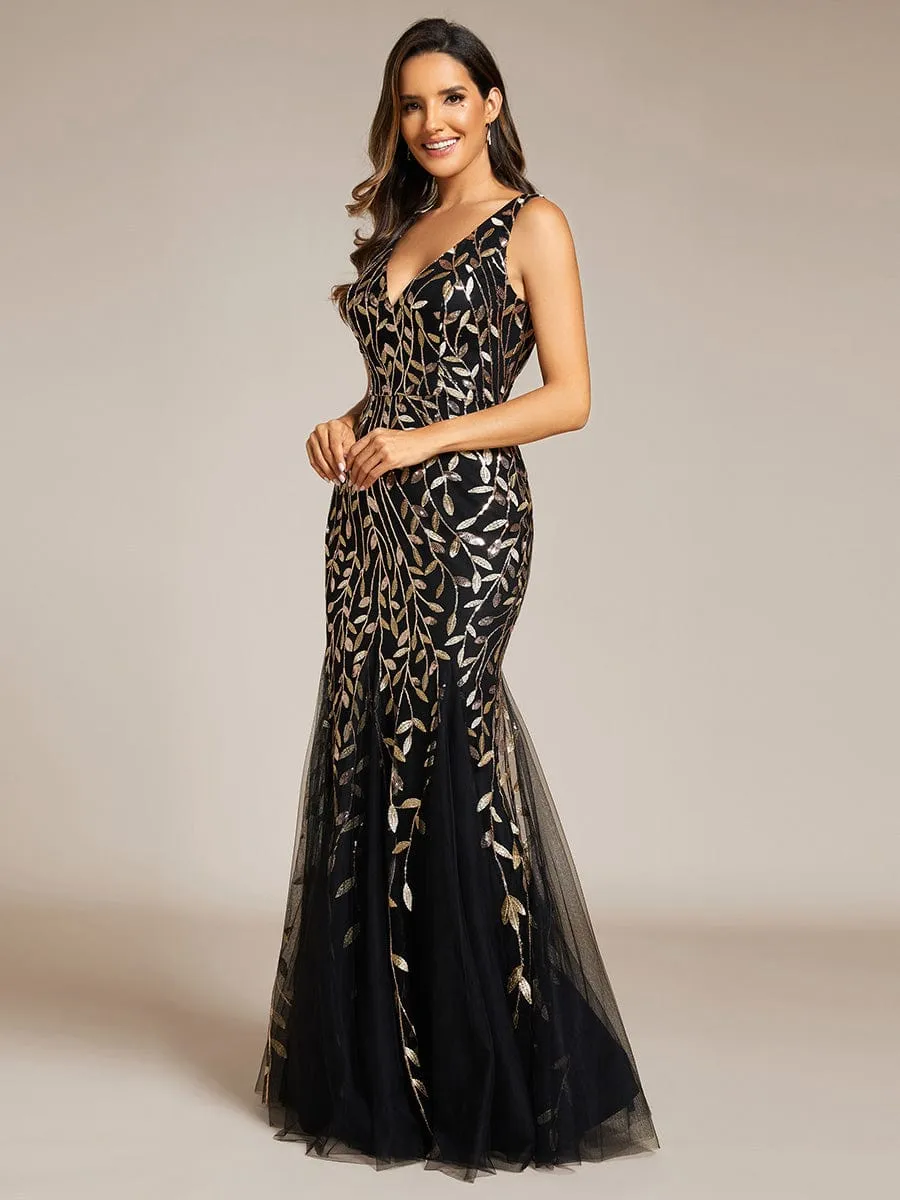 Women's Double V-Neck Fishtail Sequins Evening Dress