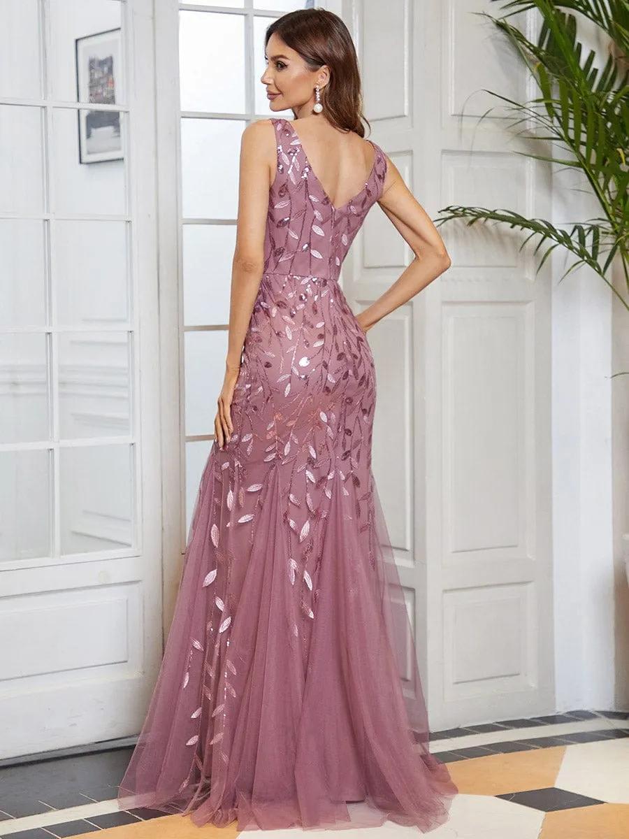 Women's Double V-Neck Fishtail Sequins Evening Dress