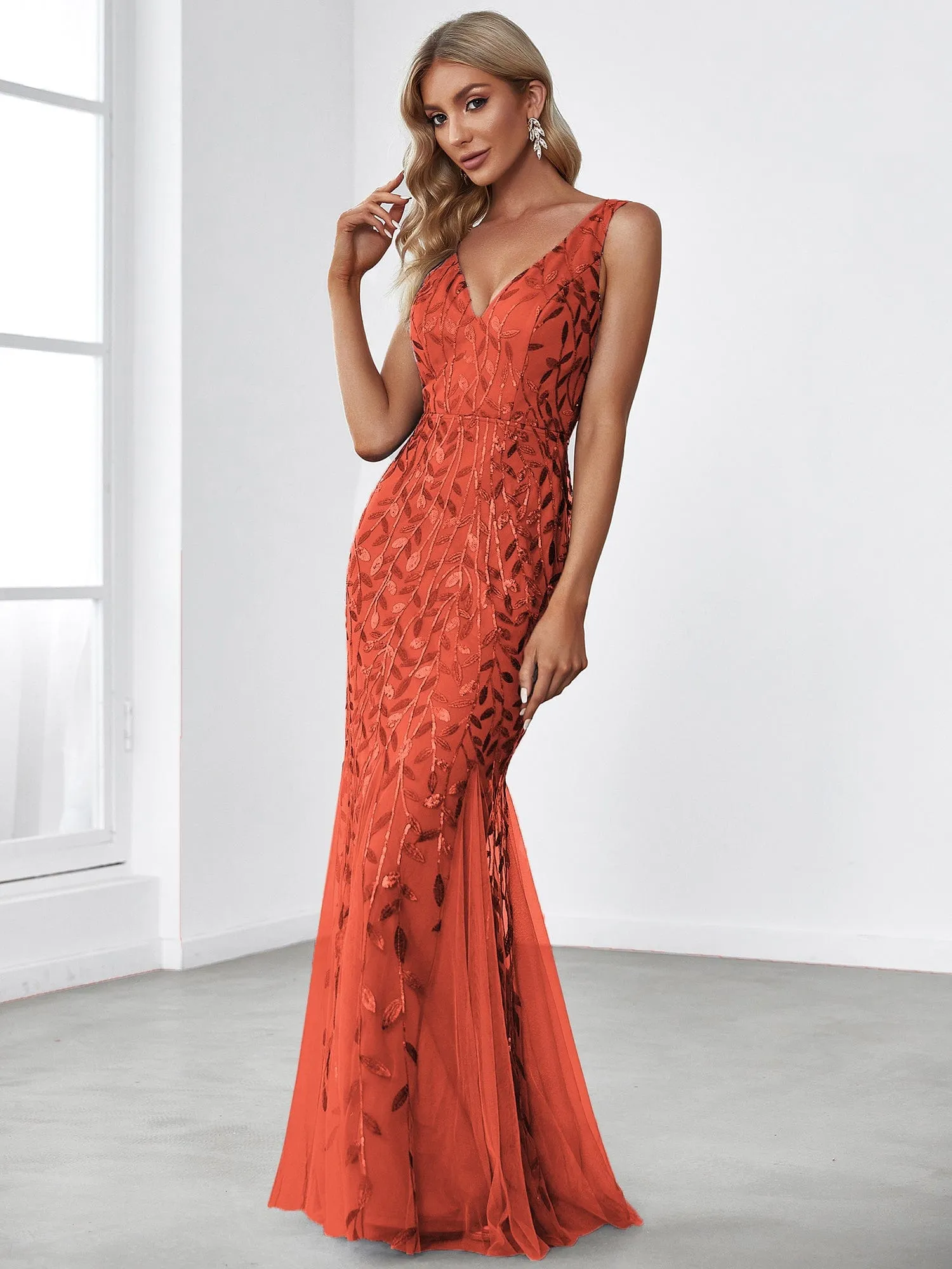 Women's Double V-Neck Fishtail Sequins Evening Dress