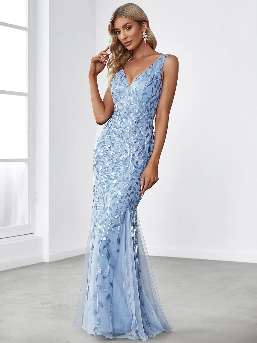 Women's Double V-Neck Fishtail Sequins Evening Dress