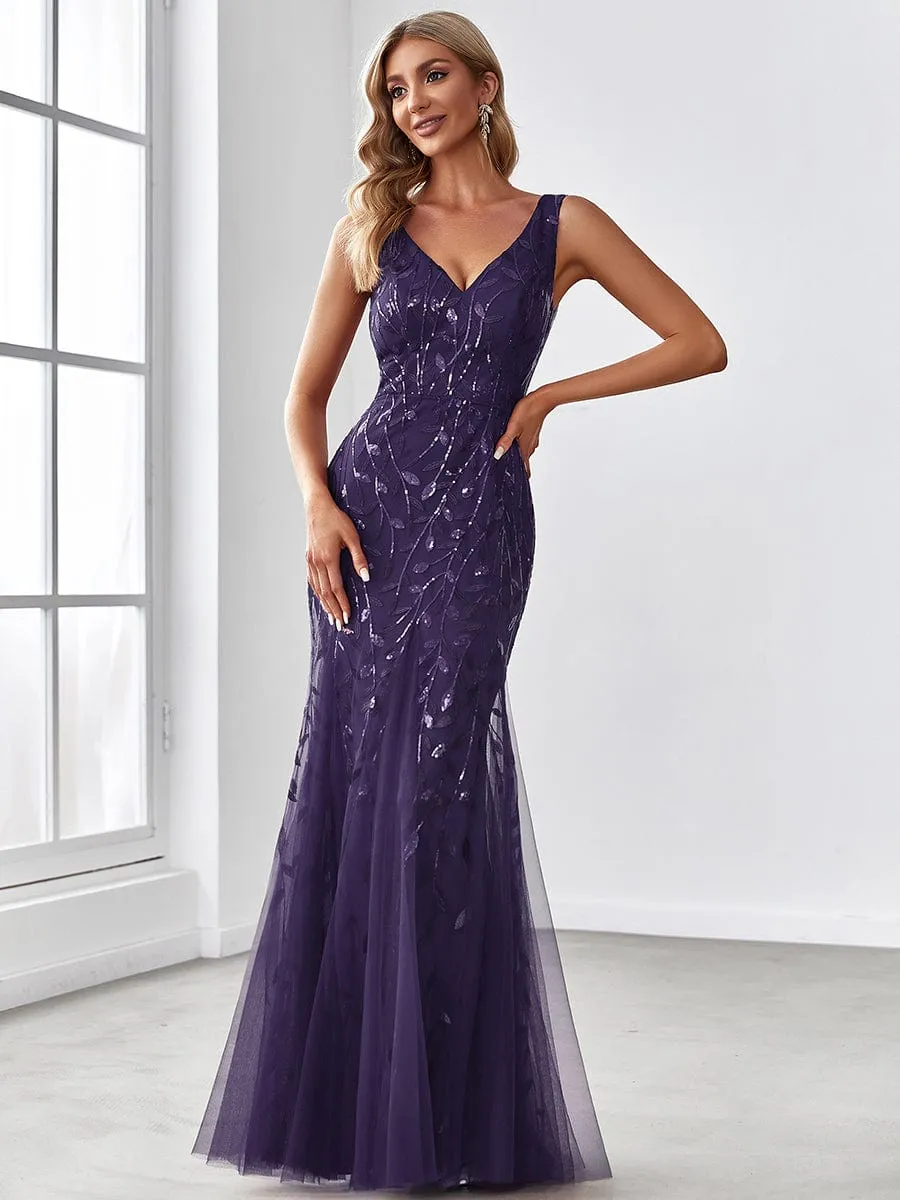 Women's Double V-Neck Fishtail Sequins Evening Dress