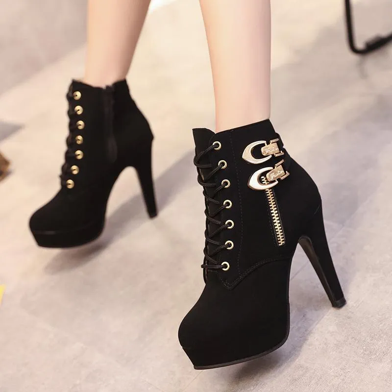 Women's sexy stiletto high heel platform booties zipper front lace ankle boots