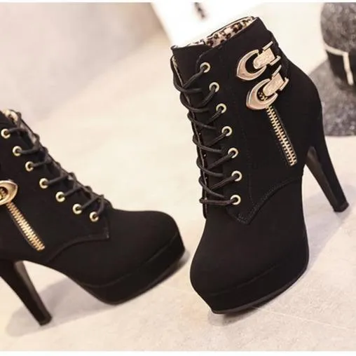 Women's sexy stiletto high heel platform booties zipper front lace ankle boots